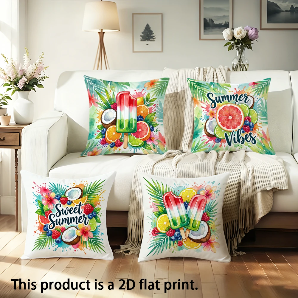 1pc Watercolor Summer Vibes Sweet Summer Throw Pillow Covers, Tropical Fruit Ice Cream Palm Leaf Cushion Cases for Home Decor