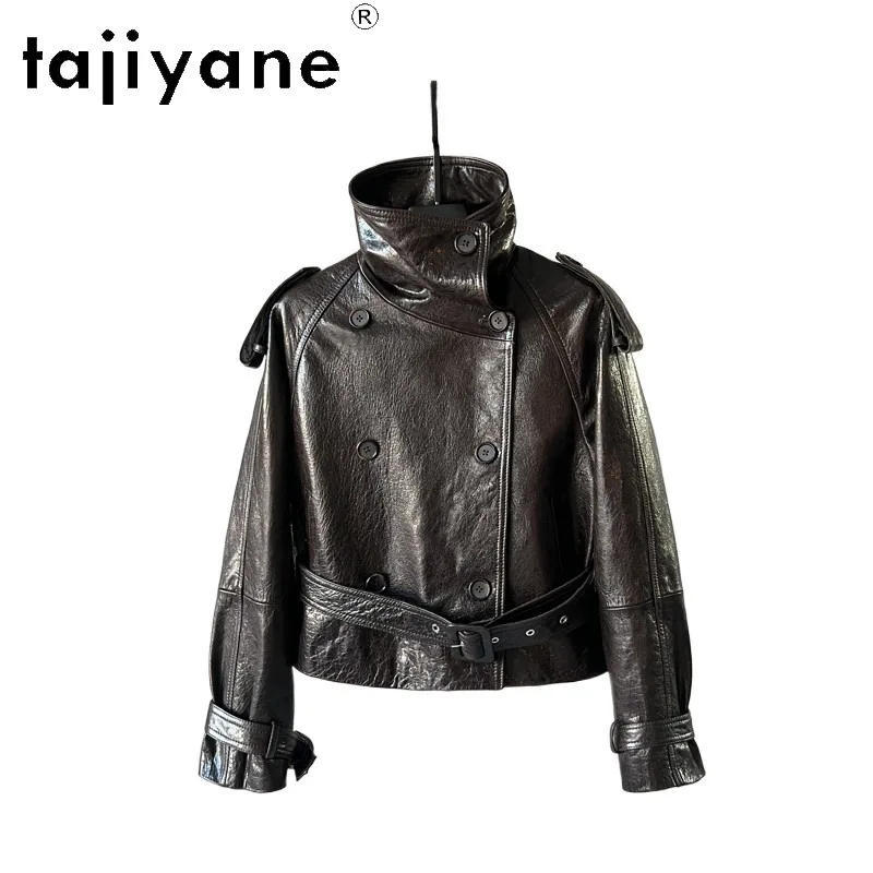 TAJIYANE Sheepskin Genuine Leather Jacket Women Short Waxed Leather Coat Double‑Breasted Biker Moto Jackets Belted Outerwear