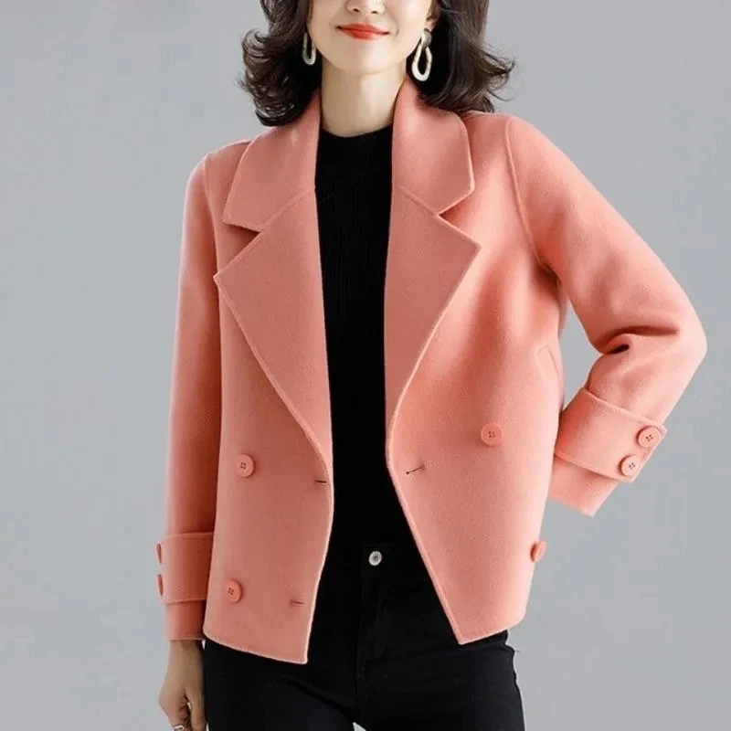 New Double-Sided Wool Coat Women\'s Short High-End Casual Tweed Suit Jacket Blend Wool Coat Black Double Breasted Blazer Female