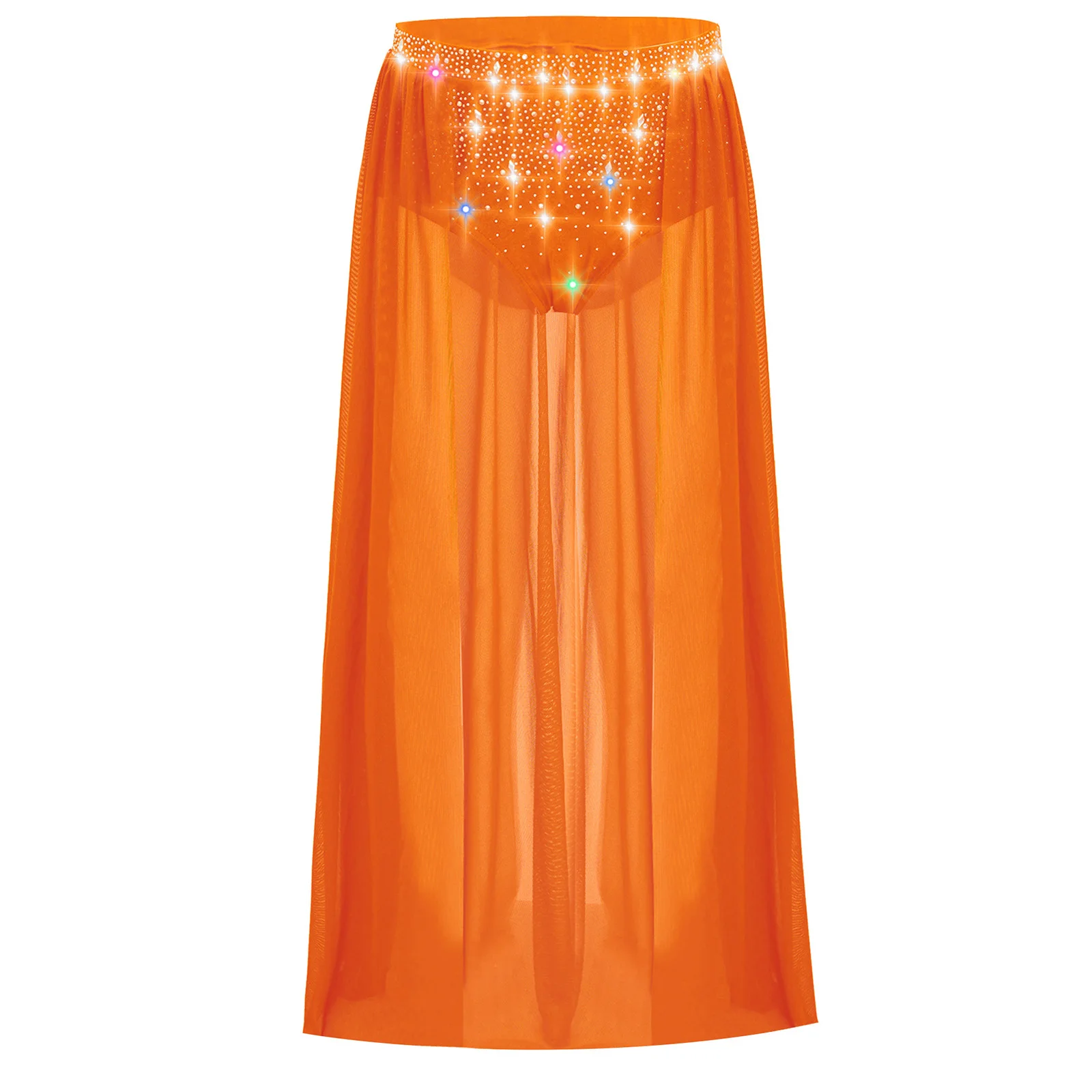 Kids Girls Lyrical Modern Dance Skirt Fashion Rhinestones Open Front Flowy Sheer Mesh Skirt with Built-in Briefs for Performance