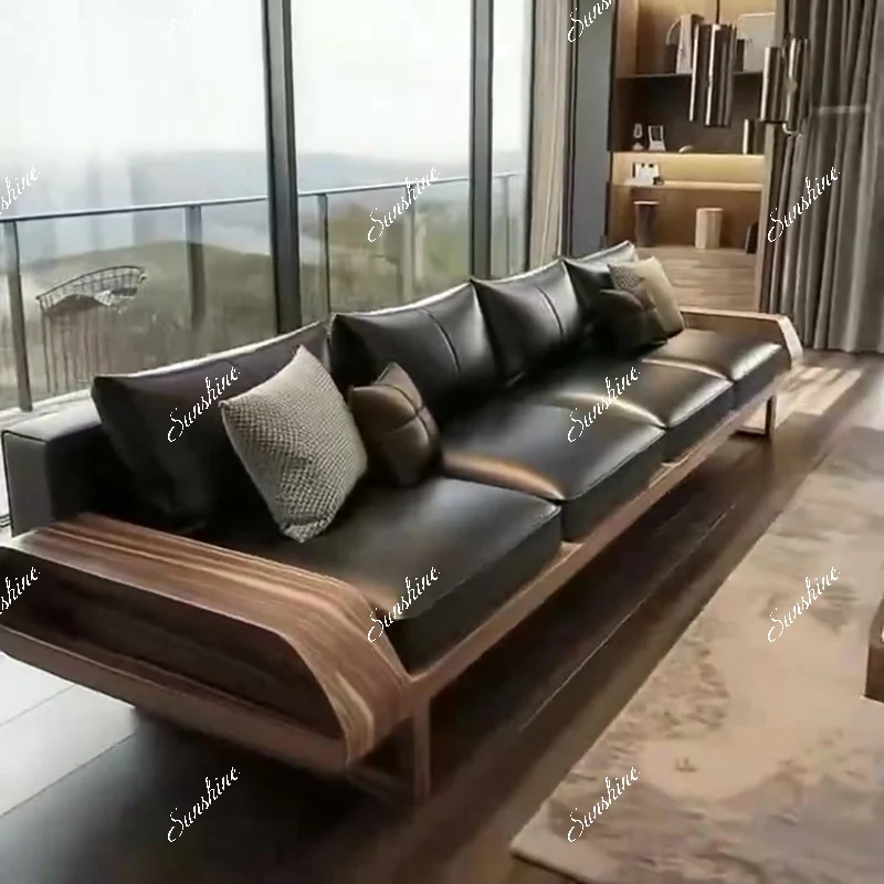 Modern simple light luxury leather solid wood three-person sofa
