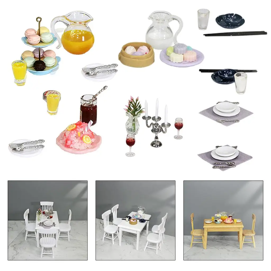 Miniature Dollhouse Tableware Set 1 12 Scale Porcelain Plates Bowls Alloy Knife Fork Spoon Fabric Tablecloth for Dollhouse