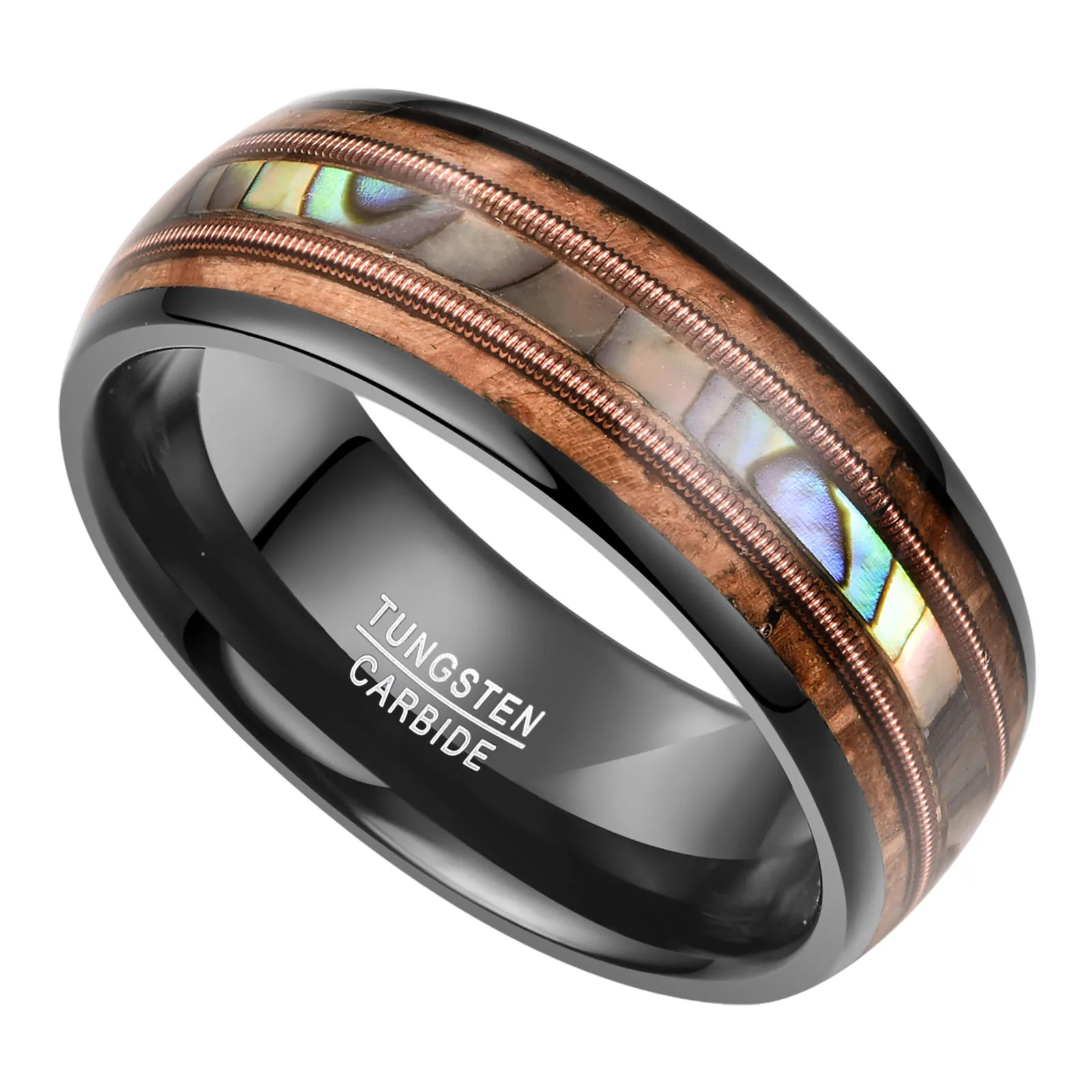 NUNCAD 8mm Guitar Strings Abalone Wood Dome Tungsten Carbide Ring Men's Wedding Jewelry Gift