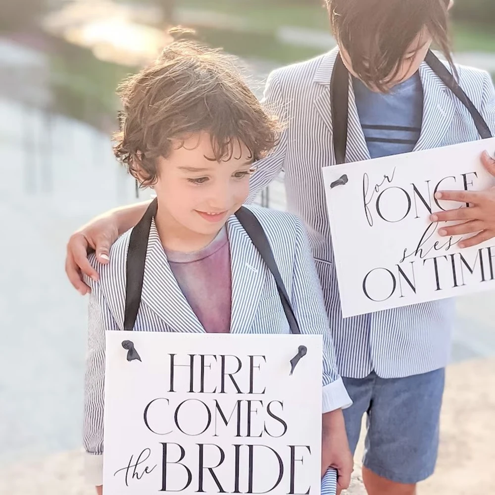 

Set of 2 Funny Wedding Signs for Flower Girl Ring Bearer Ceremony - Here Comes The Bride + For Once She's On Time 3062