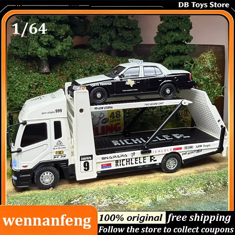 New Arrival Wen Nanfeng 1/64 Double Deck Trailer RC Wrecker Transport Truck Model 2.4G Scale RC Truck Movable Tailgate LED Light