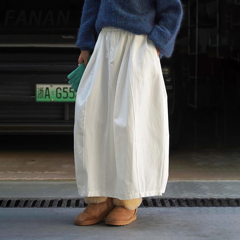 

FANAN Solid Minimalism Skirts For Women Elastic High Waist A-line Mid-length Korean Style Loose Skirt Fashion Cloehes Autumn New