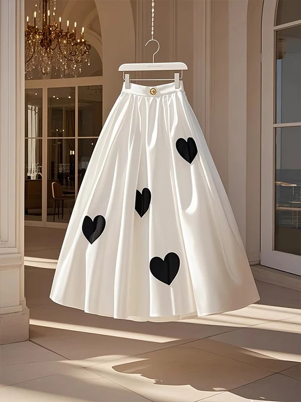 

Ele Heart Print Maxi Skirt Women's High Waist A-Line Midi Skirt Gentle Wind Summer High Faion Draped Bell Bot
