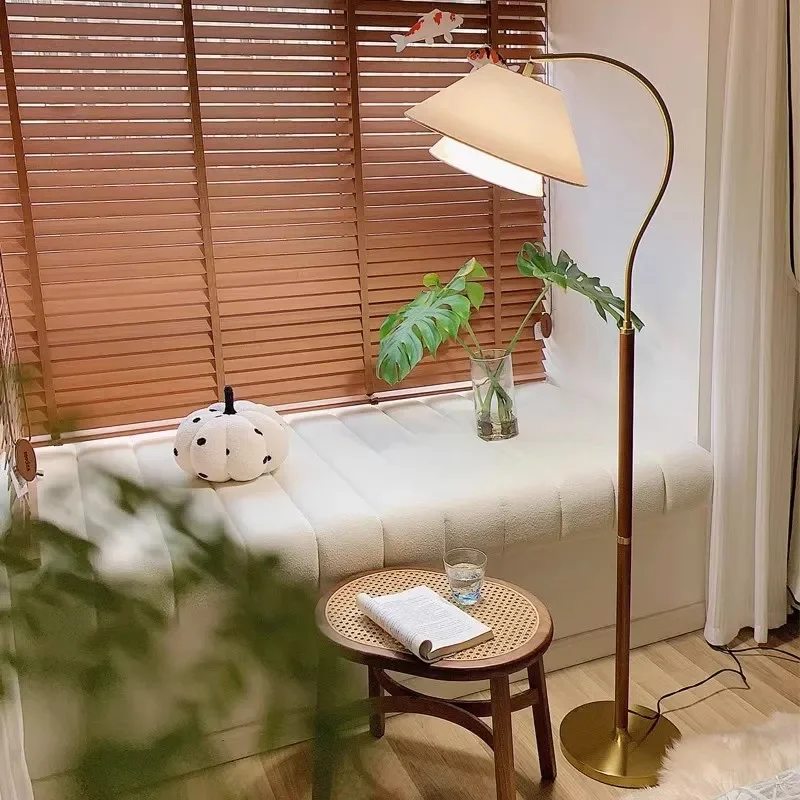 Vintage Curved Arm Fishing Floor Lamp Double Layer Fabric Lampshade Wood Pole Standing Reading Lamp