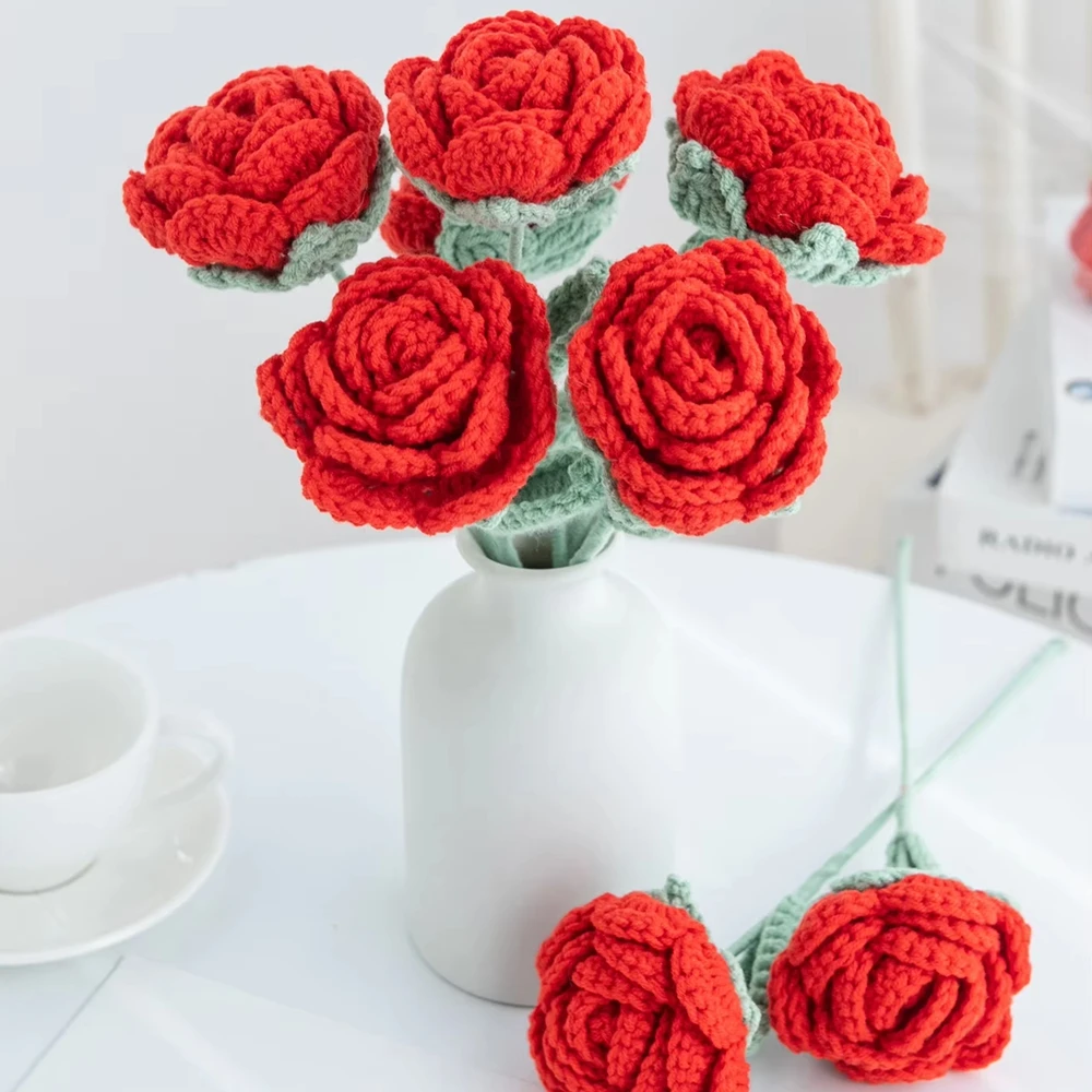 1/3pcs Artificial Flowers Handmade Crochet Rose Finish Product Outdoor Garden Wedding Bridal Bouquets Home Bonsai Party Diy Gift