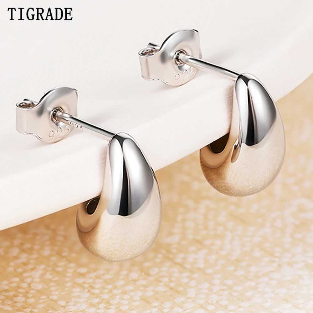 Tigrade Real 925 Sterling Silver Water Drop Stud Earrings For Women Simple Smooth Chunky Teardrop Ear Jewelry Wedding Party Gift