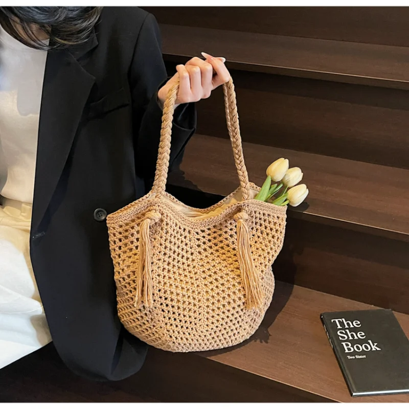 

​ Лето 2025 г., вязаная крючком большая сумка из рафии, большая вместительная пляжная сумка в стиле бохо, легкая сумка на плечо для отдыха, ленивый шик