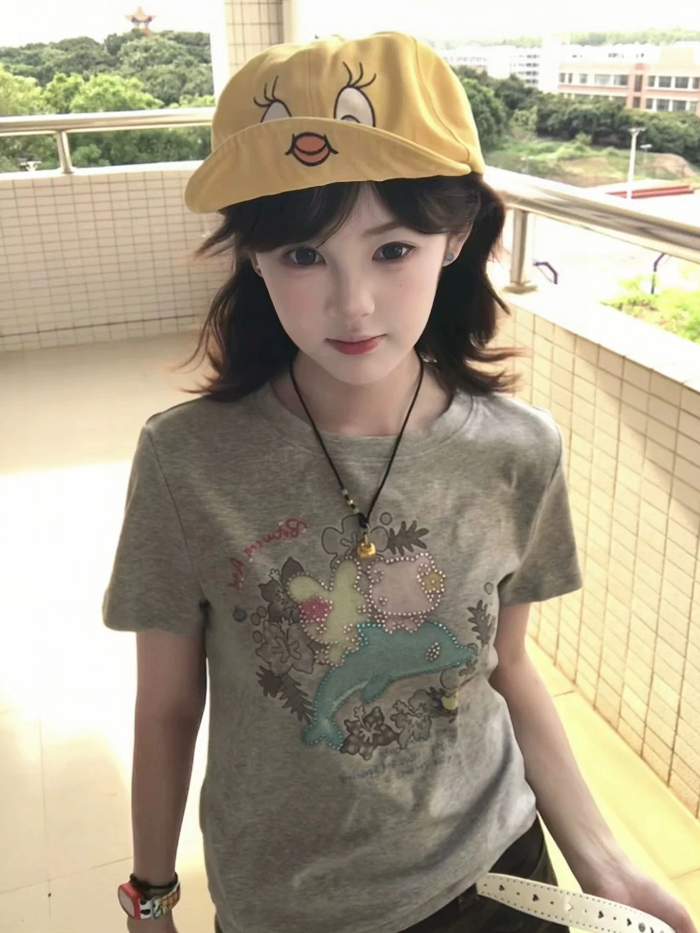 

Gray Short Shoulder Short Sleeve T-Shirt Women Summer Sweet And Spicy Kitty Design Slim Fit American Style Top Trendy