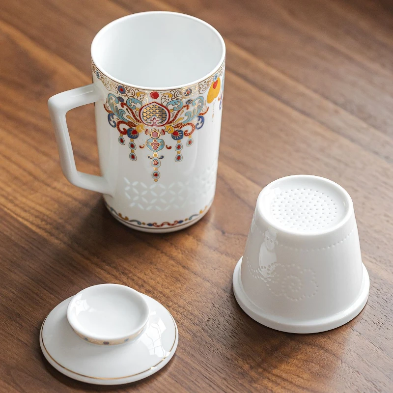 Mutton Fat Jade Porcelain Office Tea Cup with Lid and Handle 400ml for Home Office Tea Drinking