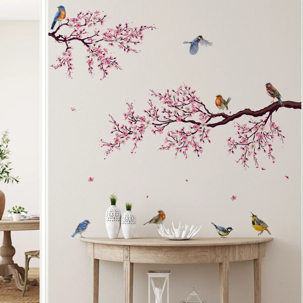 Pink Peach Blossom Flowers Branch Birds Floral Wall Stickers for Bedroom Living Room Furniture Background Wall Decals Murals PVC