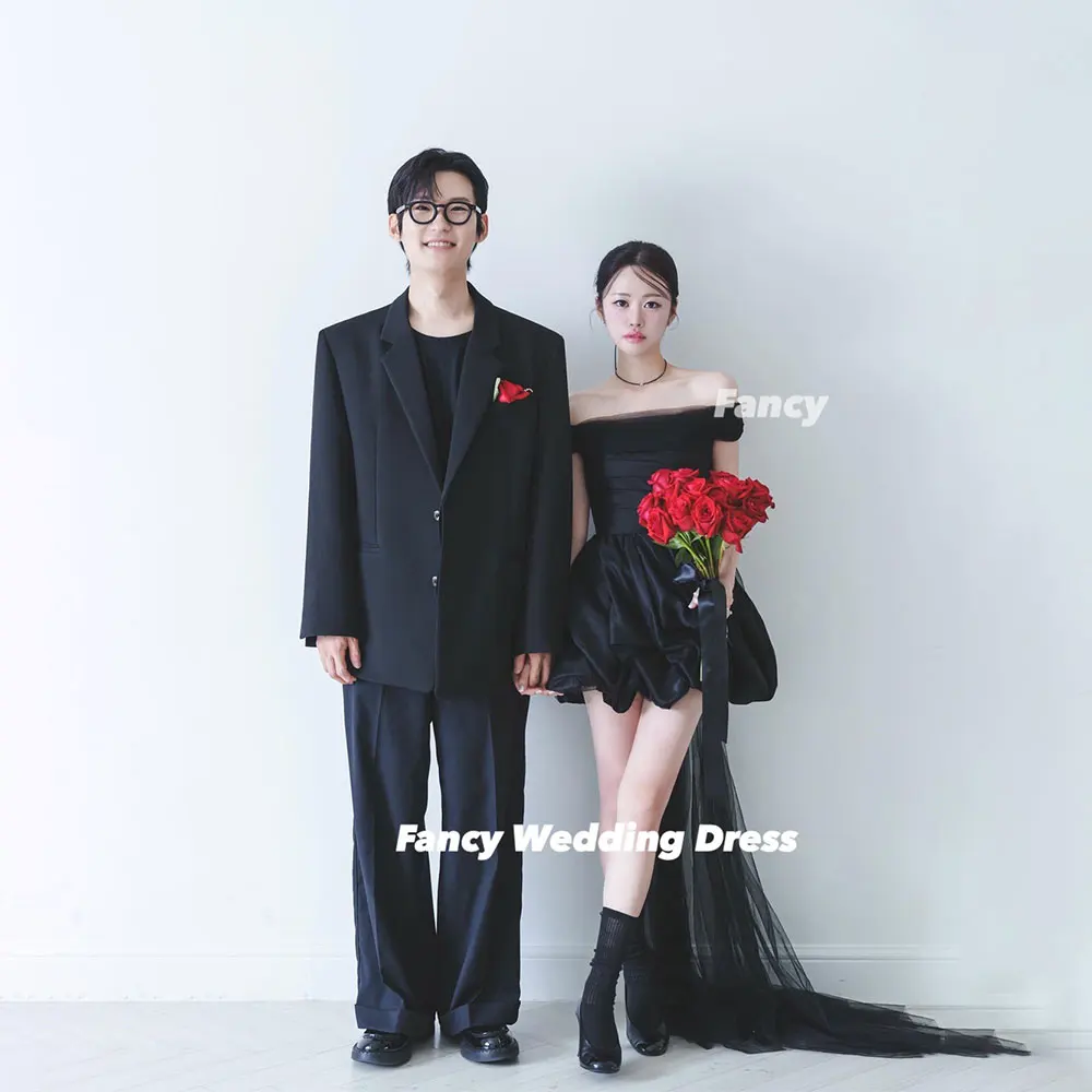 Fancy Princess Simple Black Korea Wedding Dress Photo Shoot With Long Tail Taffeta Evening Dresses Back Corset Customized