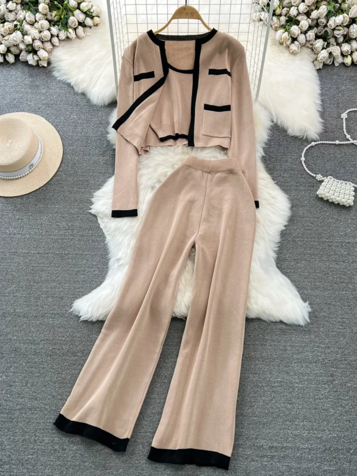 New Fashion Contrast Color 3 Piece Sets Women Outfit Knitted Long Sleeve Cardigan + Camisole + Wide Leg Pants Sets Autumn Suits