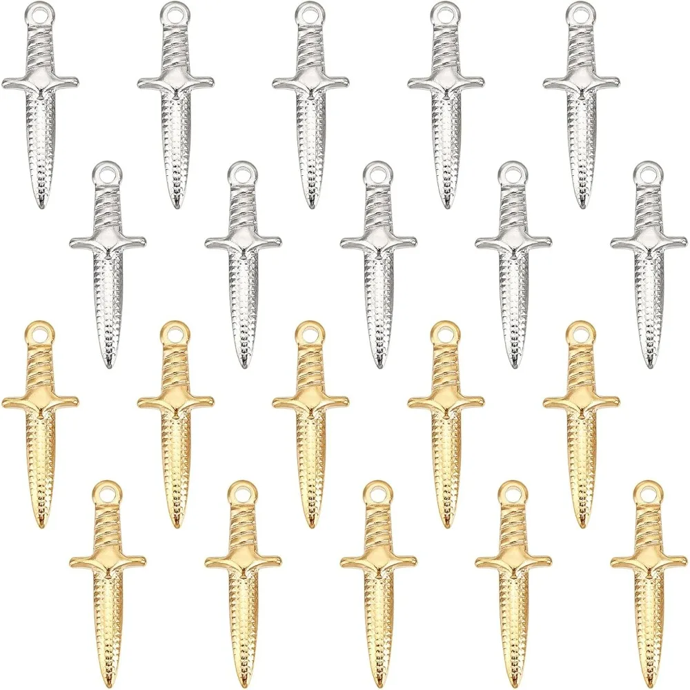 20Pcs 2 Colors Dagger Charms Mini Sword Pendants Golden Punk Charms Stainless Steel Pendant Jewelry Making Charms for DIY Craft