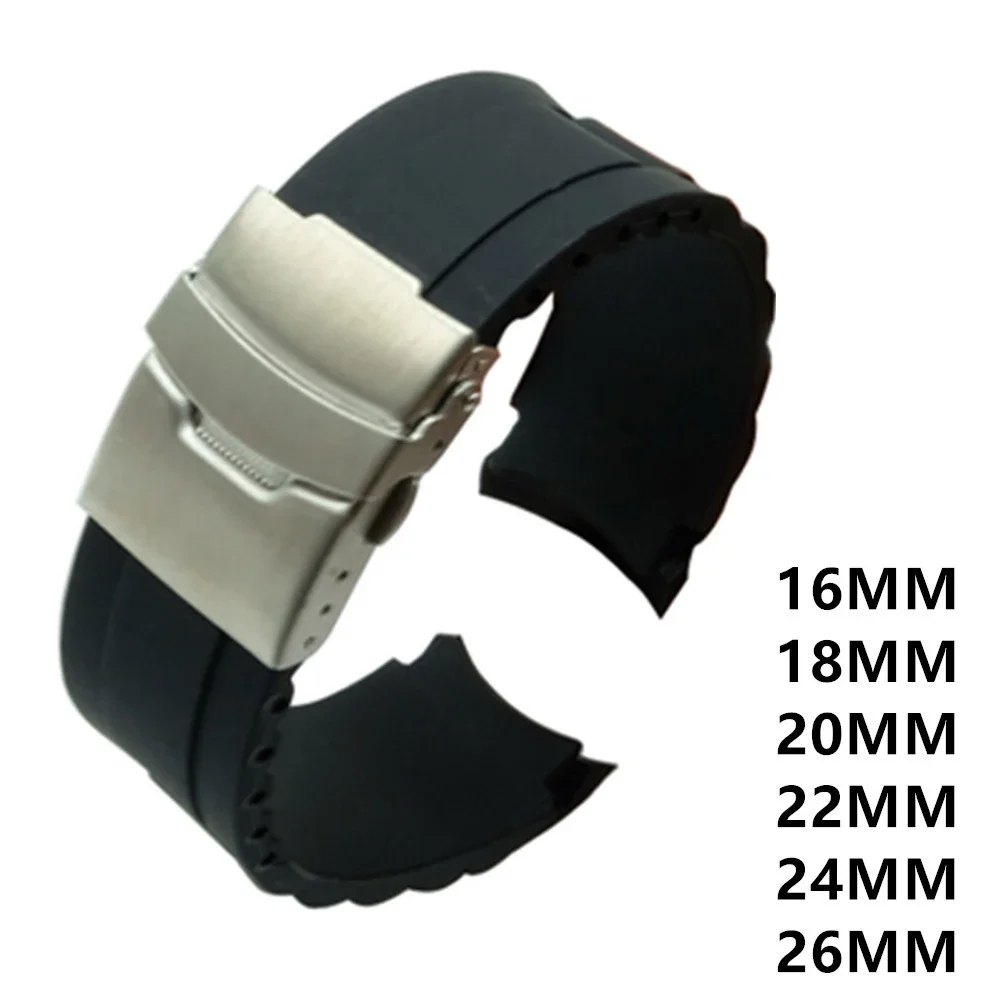 Universal Curved End Silicone Watch Band 16/18/20/22/24/26mm Soft Black Rubber Strap Metal Folding Buckle Bracelet Accessories