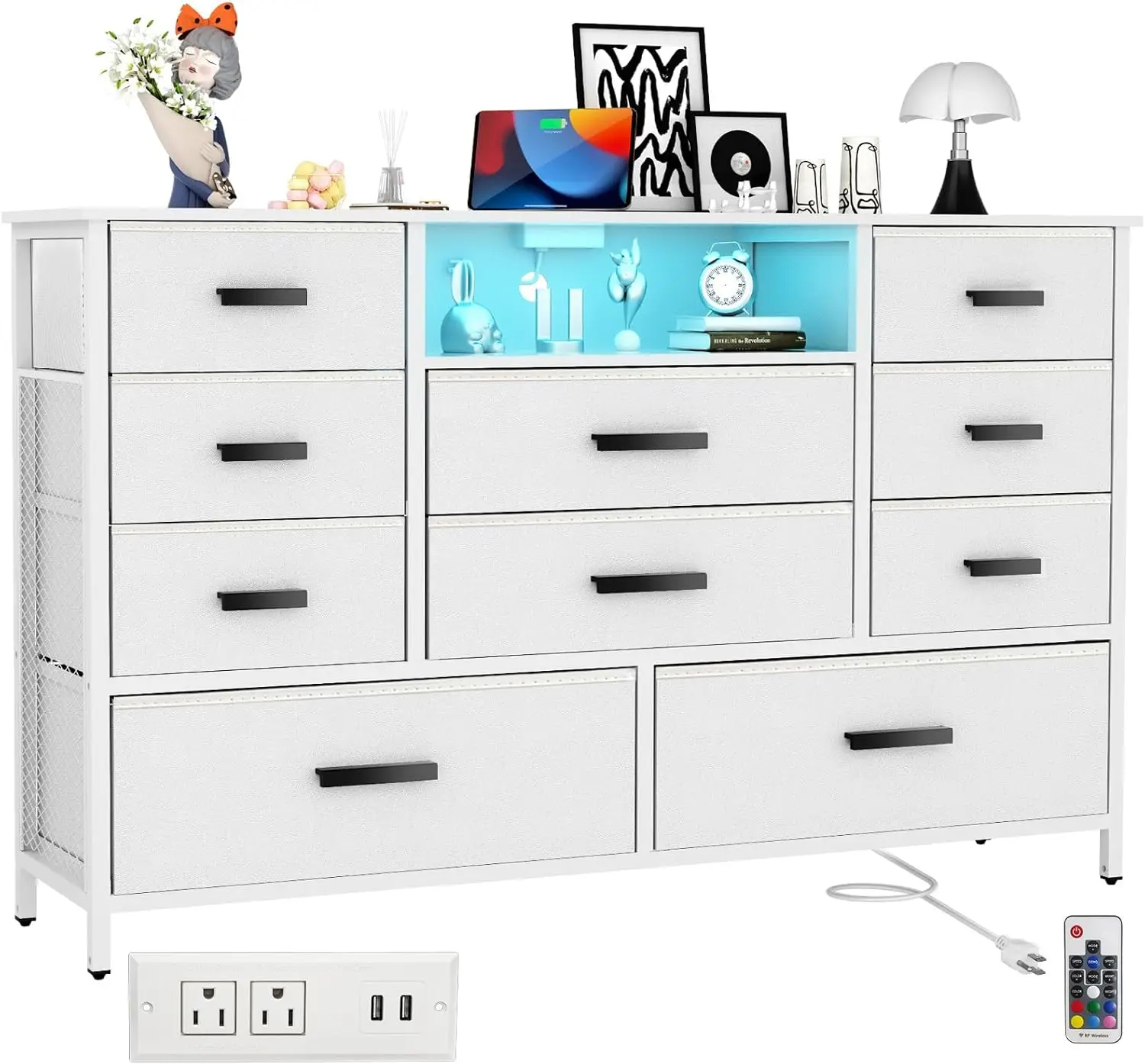 

White Dresser for Bedroom with 10 Drawers, Dresser with Charging Station, TV Stand Dresser with LED Light for 55" TV, Closet