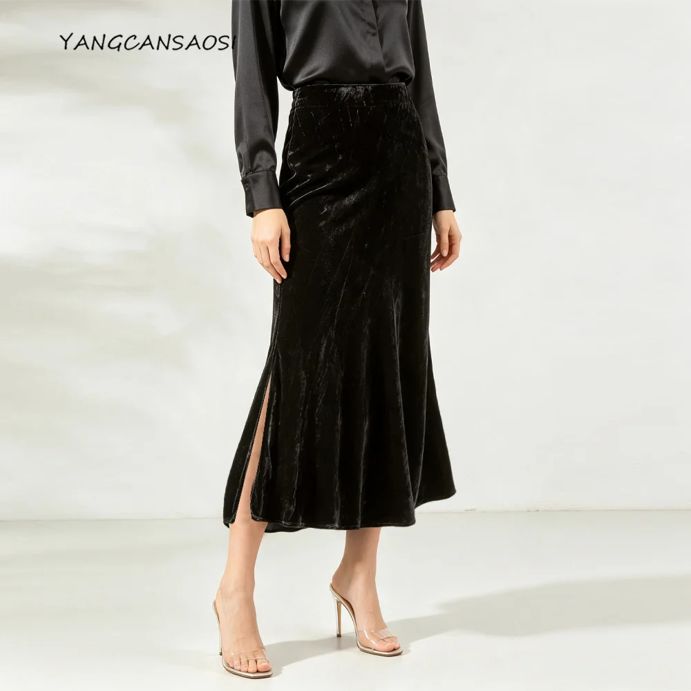 2026 Women's Autumn New 30% Natural Mulberry Silk Velvet Slant Cut Single Side Fork Retro Elegant Solid Color Fishtail Skirt