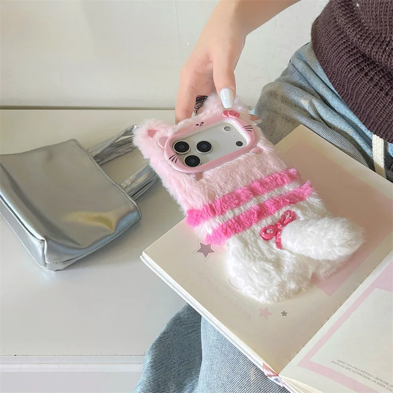 Cute Cartoon Cat Bowknot Warm Furry Fur Plush Phone Case for iPhone 17 Air 16 15 14 13 12 11 Pro Max Shockproof Protective Cover