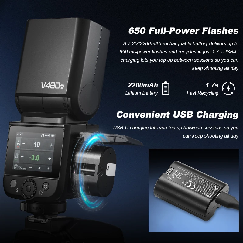 كاميرا Godox V480S فلاش TTL - GN50 1/8000 HSS 2.4 جيجا هرتز مصباح سرعة لاسلكي 1.7s وقت إعادة تدوير سوني لكانون لنيكون إلخ