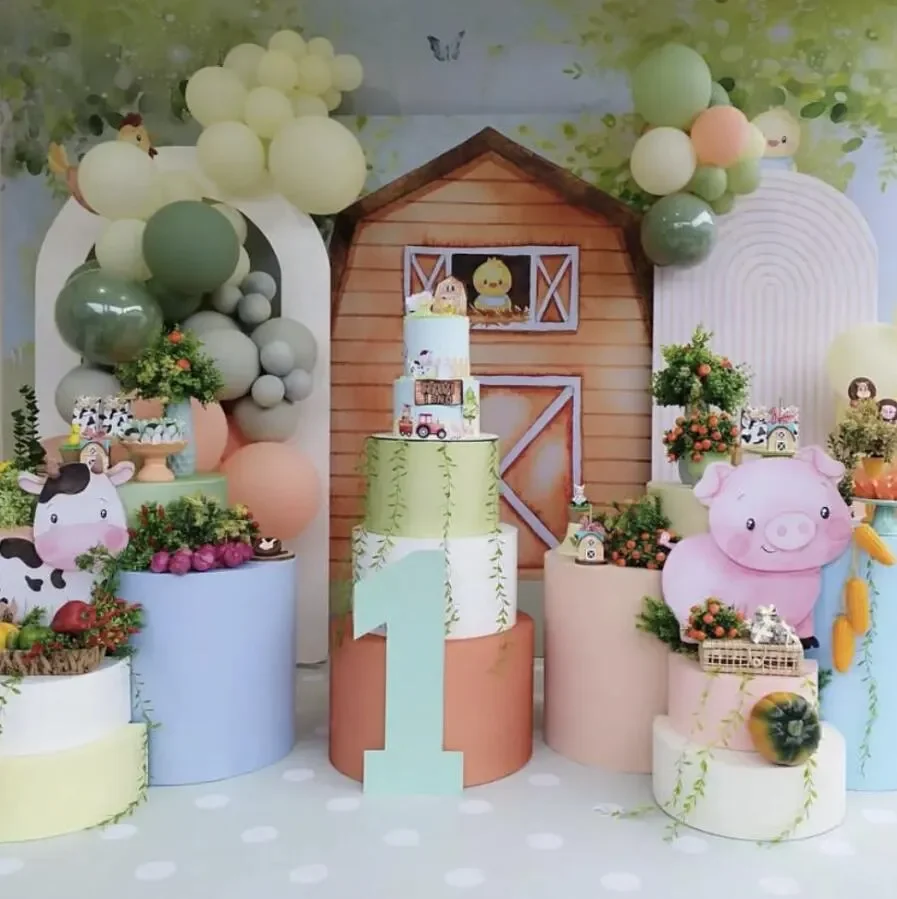 Mocsicka Kids 1st Birthday Barnyard Party Arch Cover Backdrop Watercolor Farmhouse Check Wooden Barn Background Baby Show Photo