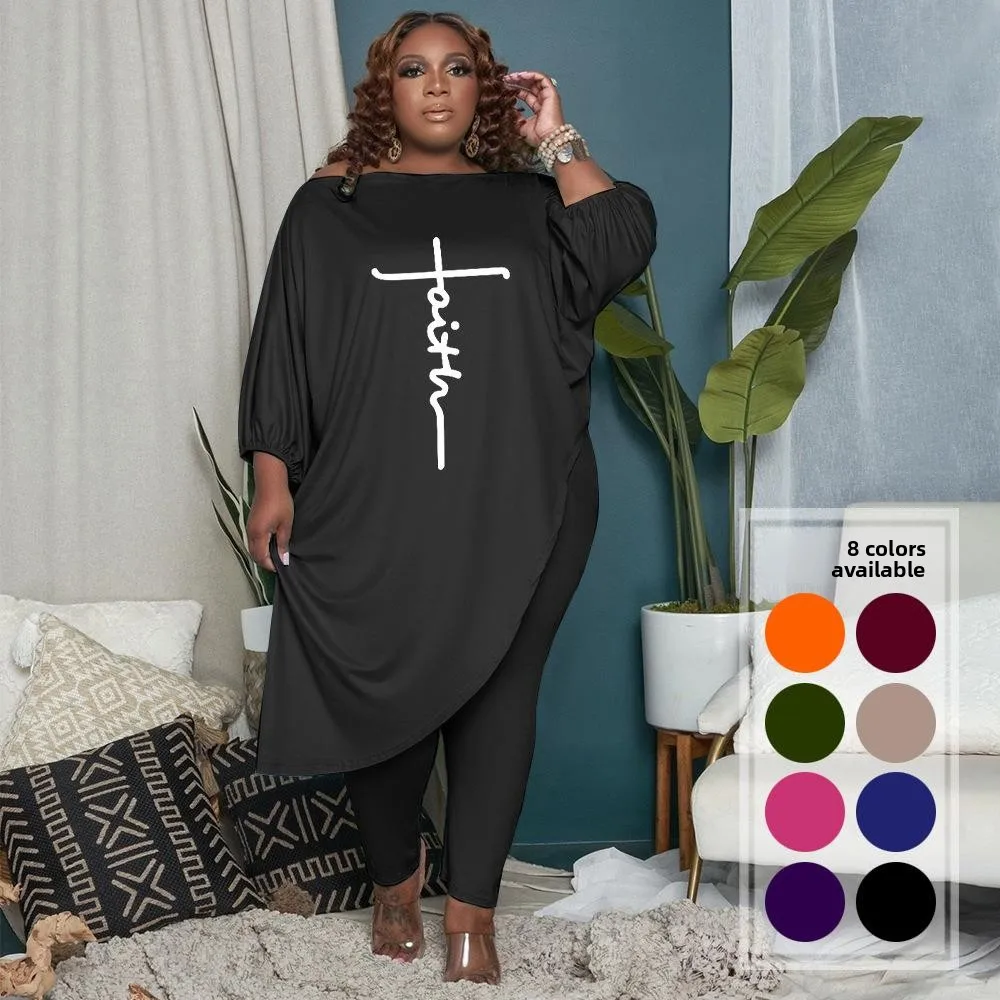 

Women's Long Sleeve T-shirt Set Offset Printing Diagonal Design Fashionable Winter Outfit Three-piece Ensemble Casual Wear
