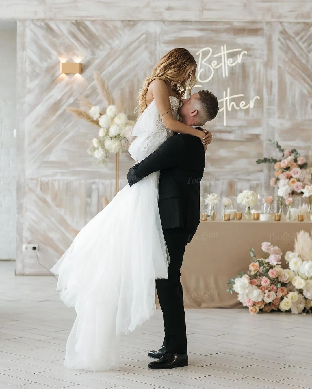 Toofgon vestido de novia de encaje con apliques de tul de una línea elegante, corsé con hombros descubiertos, vestidos de novia para fiesta