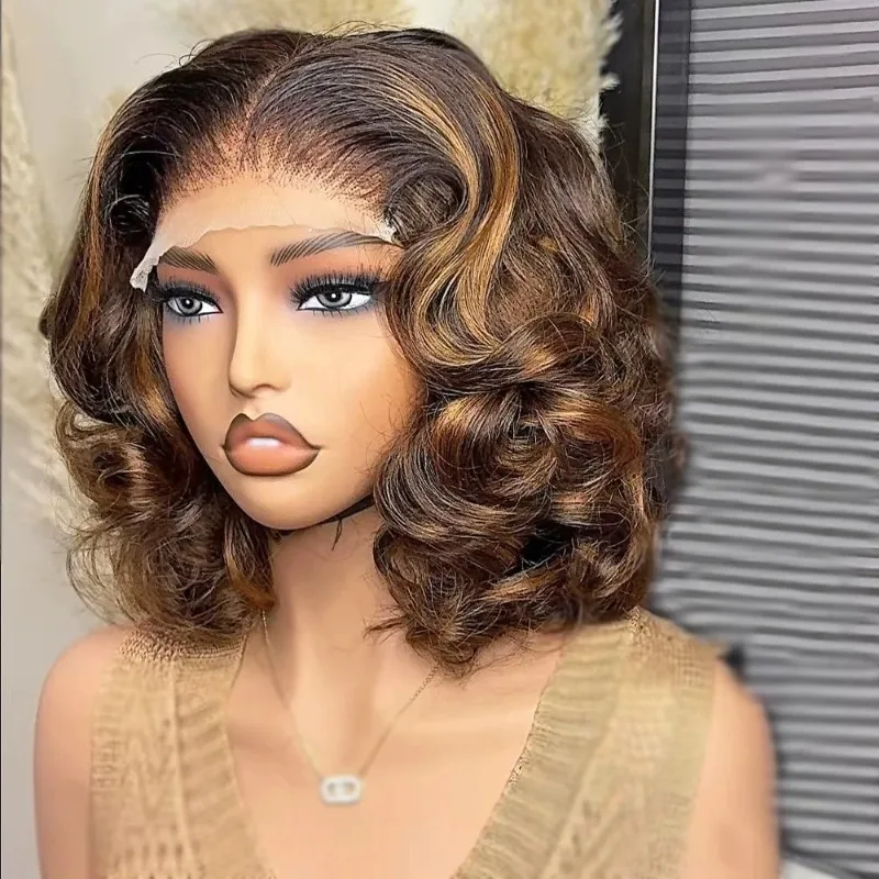 

Color short hair gradual change 13x4 lace forehead wig high gloss brown mixed gold chemical fiber hair