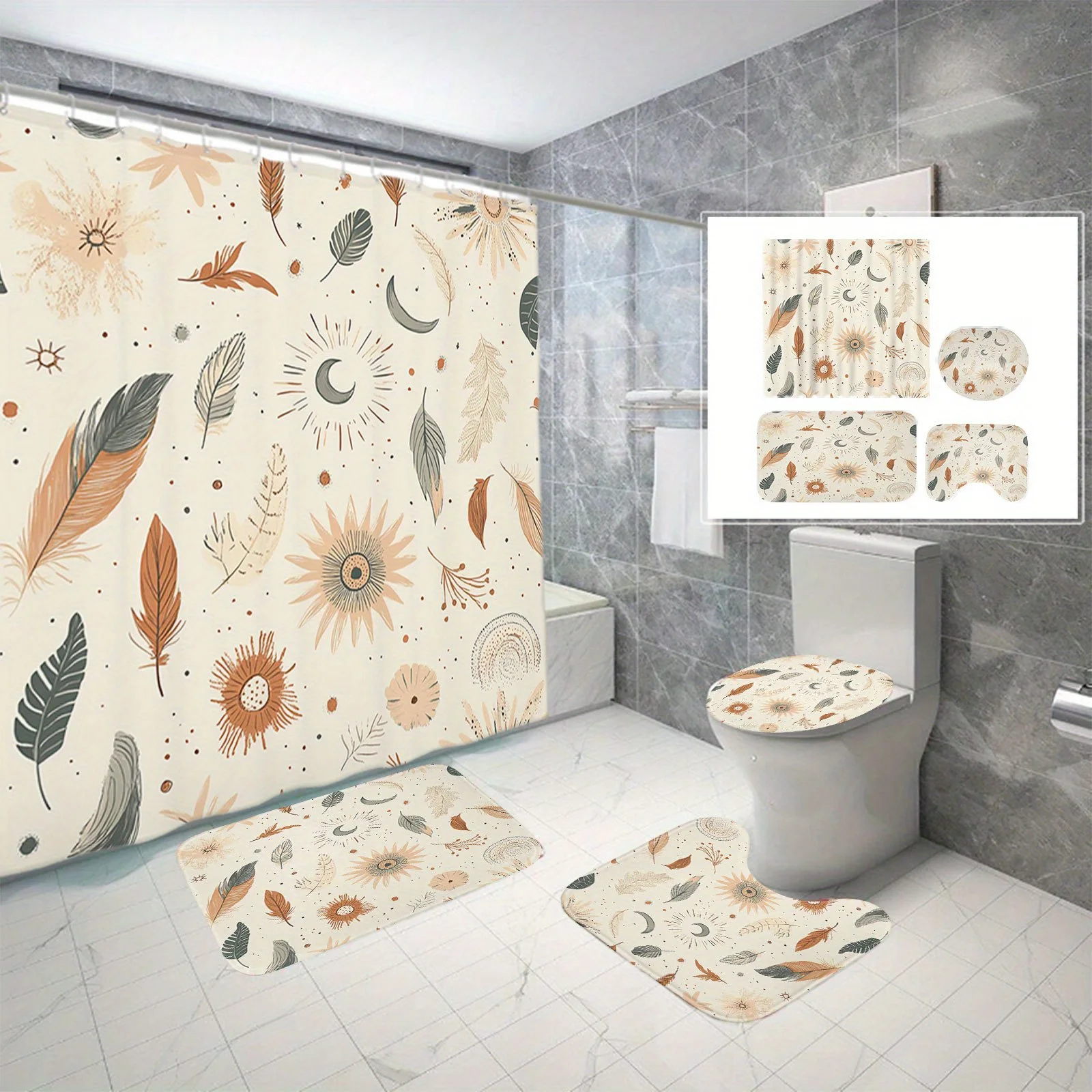 

Набор из 4 предметов в богемном стиле, занавеска для душа, нескользящий напольный коврик для ванной комнаты, коврик для сиденья унитаза и U-образный коврик