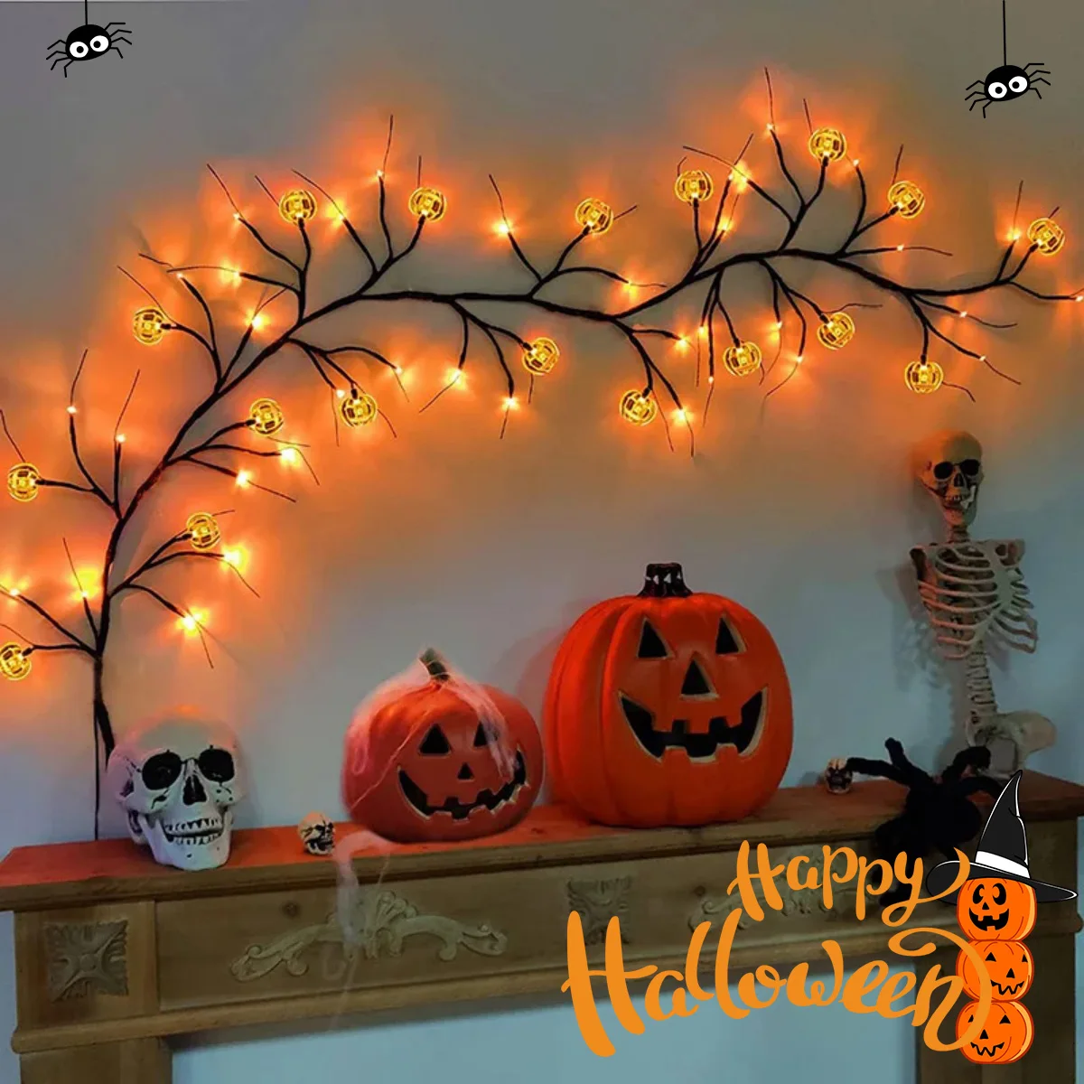 1PC 54LED Halloween Pumpkin String Light Waterproof Black Willow Vine Light Bendable Tree Lamp With Pumpkin For Party Decor