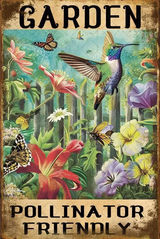 Garden Decor Pollinator Friendly Hummingbird Vintage Pollinator Garden Poster For Gifts Yard Garen Outside , metal tin sign-a