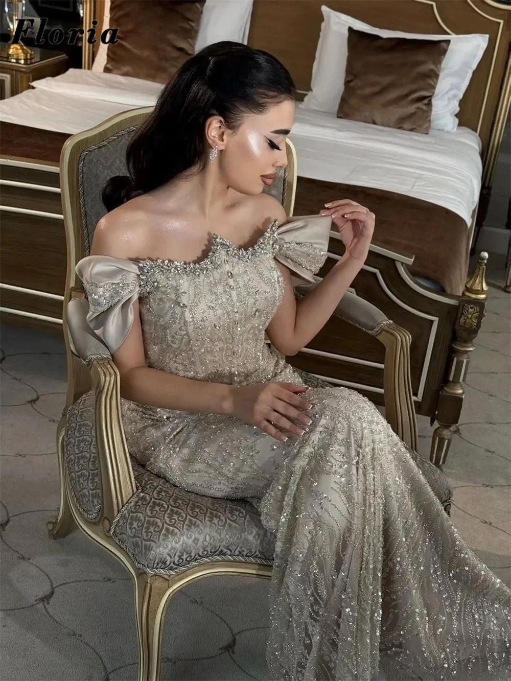 Champagne Off Shoulder Evening Dresses With Detachable Skirt Luxury Beading Crystals Party Dress Prom Robes De Soiree Customized