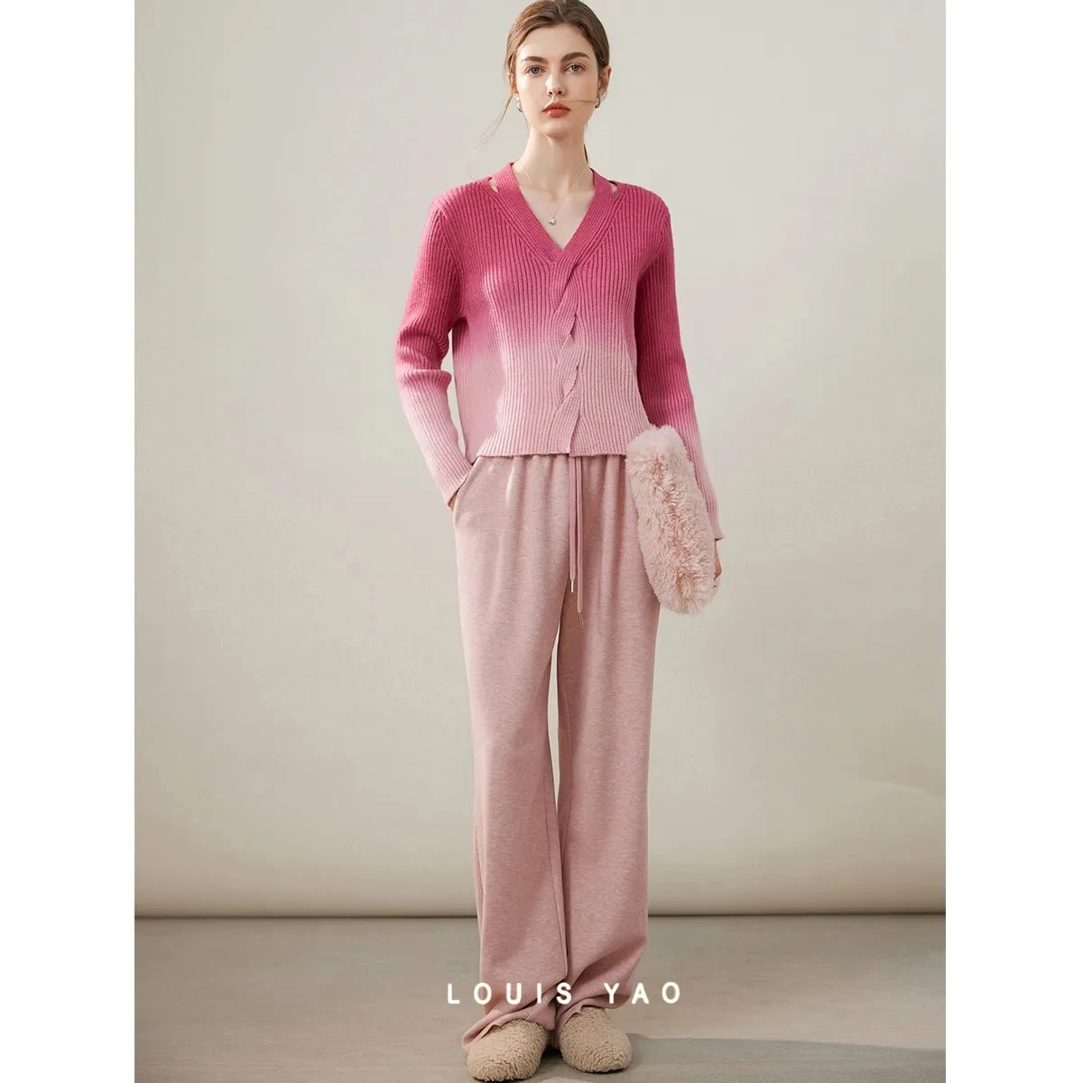LOUISYAO Gradient Color Women's Sweater 2025 Autumn Knitted Knitwear  V-neck Hollow Design Cable-Knit Long-Sleeve Tops for Women