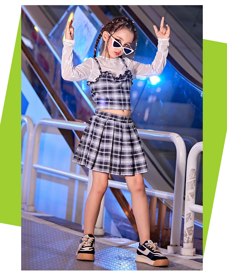 Traje de baile de Jazz Kpop a cuadros para niñas, ropa de Festival para niños, disfraz de escenario de baile de Hip Hop, Tops, Falda plisada, Ropa de baile yj429