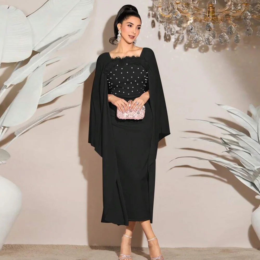 

Mignon Satin Mermaid Populer Square Neckline Prom Gown Evening Tea-length Formal Cap Straps Elegant Party Dress for Women 2023
