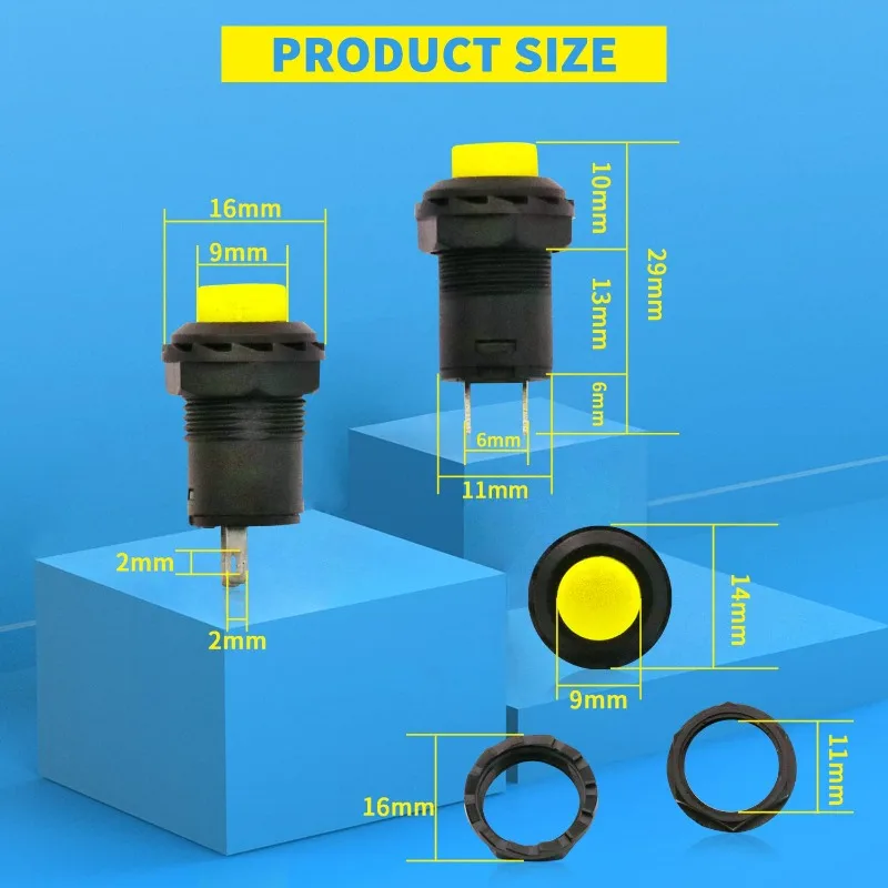 30PCS 12mm Yellow Mini Momentary Push Button Switch DS-428 Round Button Switch Self-Locking Latching Switch AC 250V/1.5A 125V/3A
