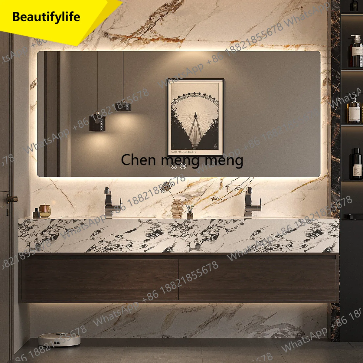 

A53 Modern Rock Slab Seamless Ceramic Integrated Basin Bathroom Cabinet Mirror Solid Wood Combination Intelligent Hand Washing B