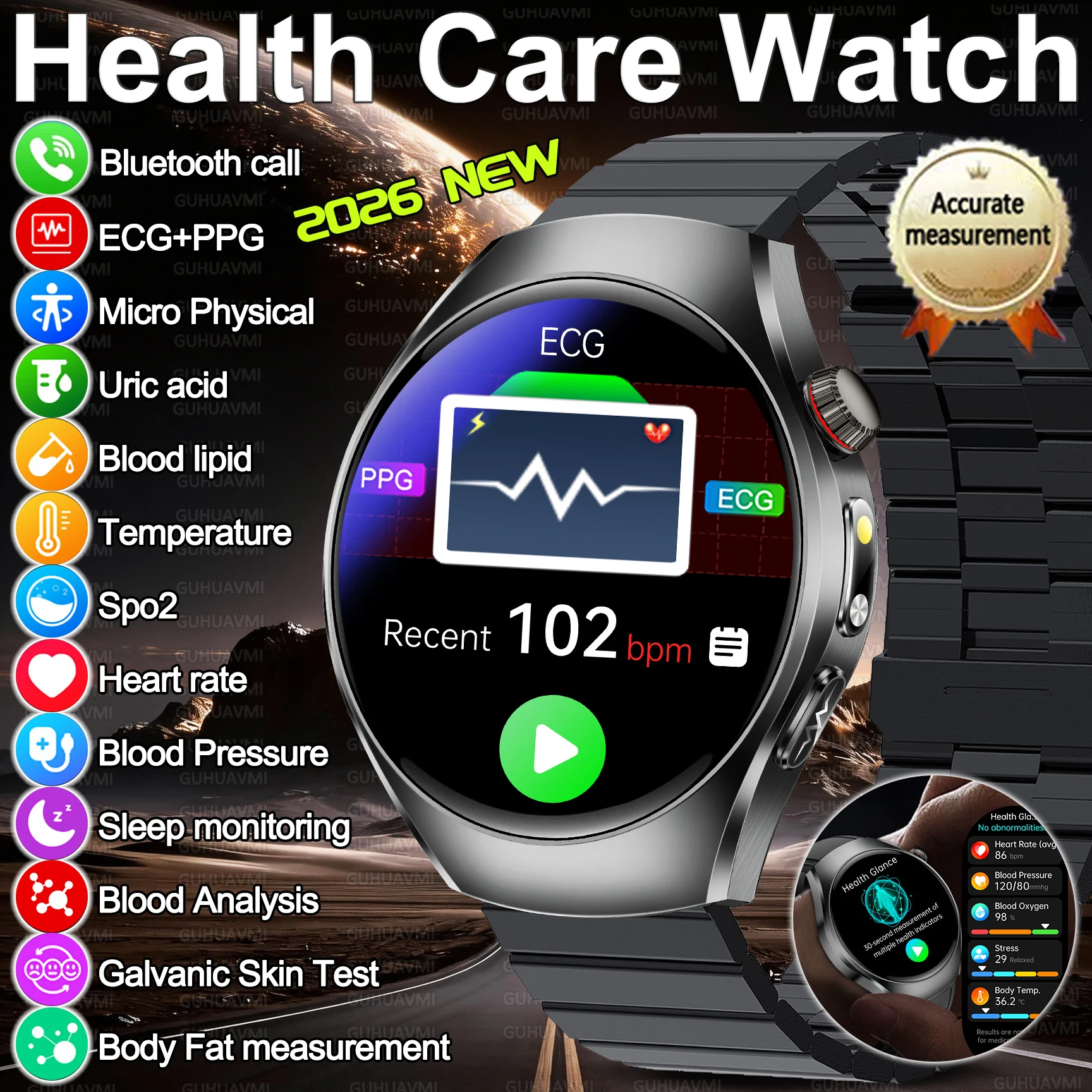 

Новые умные часы 2026 года для здоровья: Bluetooth-звонки, ЭКГ+PPG, измерение давления, уровня мочевой кислоты, липидов, 24-часовой мониторинг пульса и сна, фитнес-трекер для мужчин и женщин