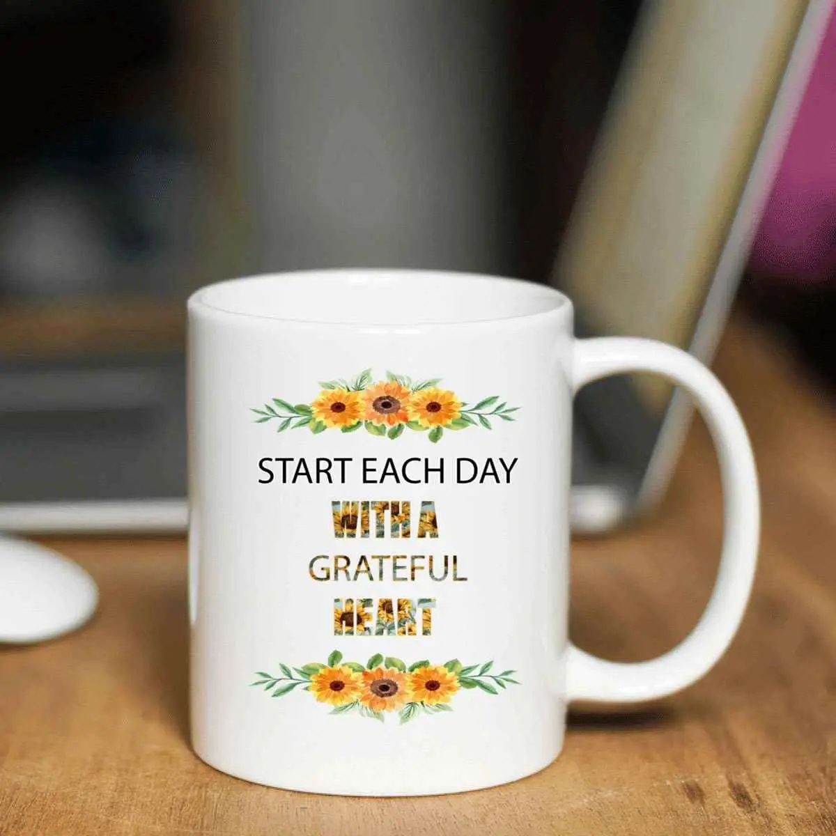 Funny Gift Motivational Lover Gift - Start Each Day with a Grateful Heart - 11 Oz White Ceramic Coffee Mug