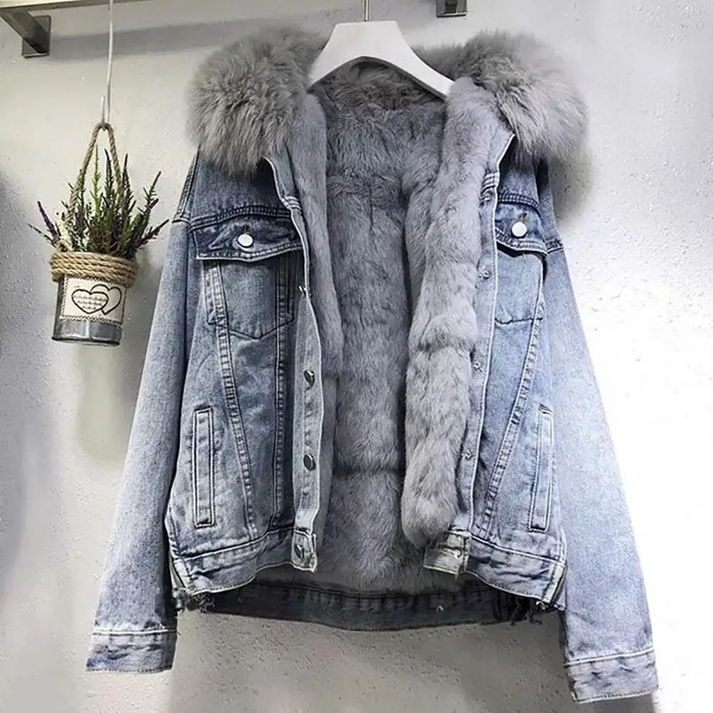 Women Coat Faux Fur Vintage Winter Denim Coat Hooded Thick Lady Coat Single-breasted Winter Coat Flap Pockets Winter Coat