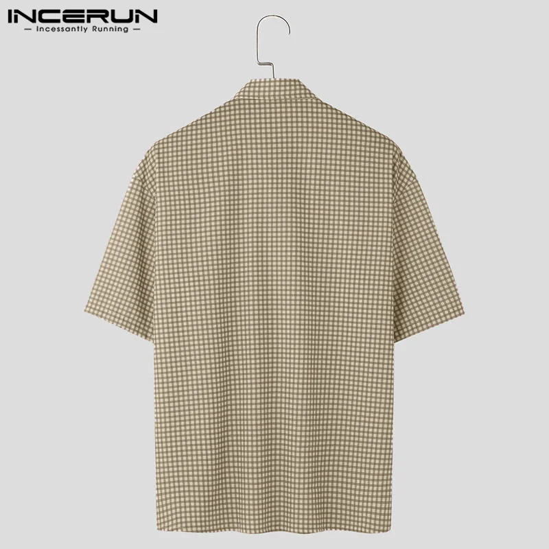 INCERUN-camisa con solapa a cuadros para hombre, ropa de calle de manga corta con cordones, informal, holgada, a la moda, S-5XL, verano, 2024