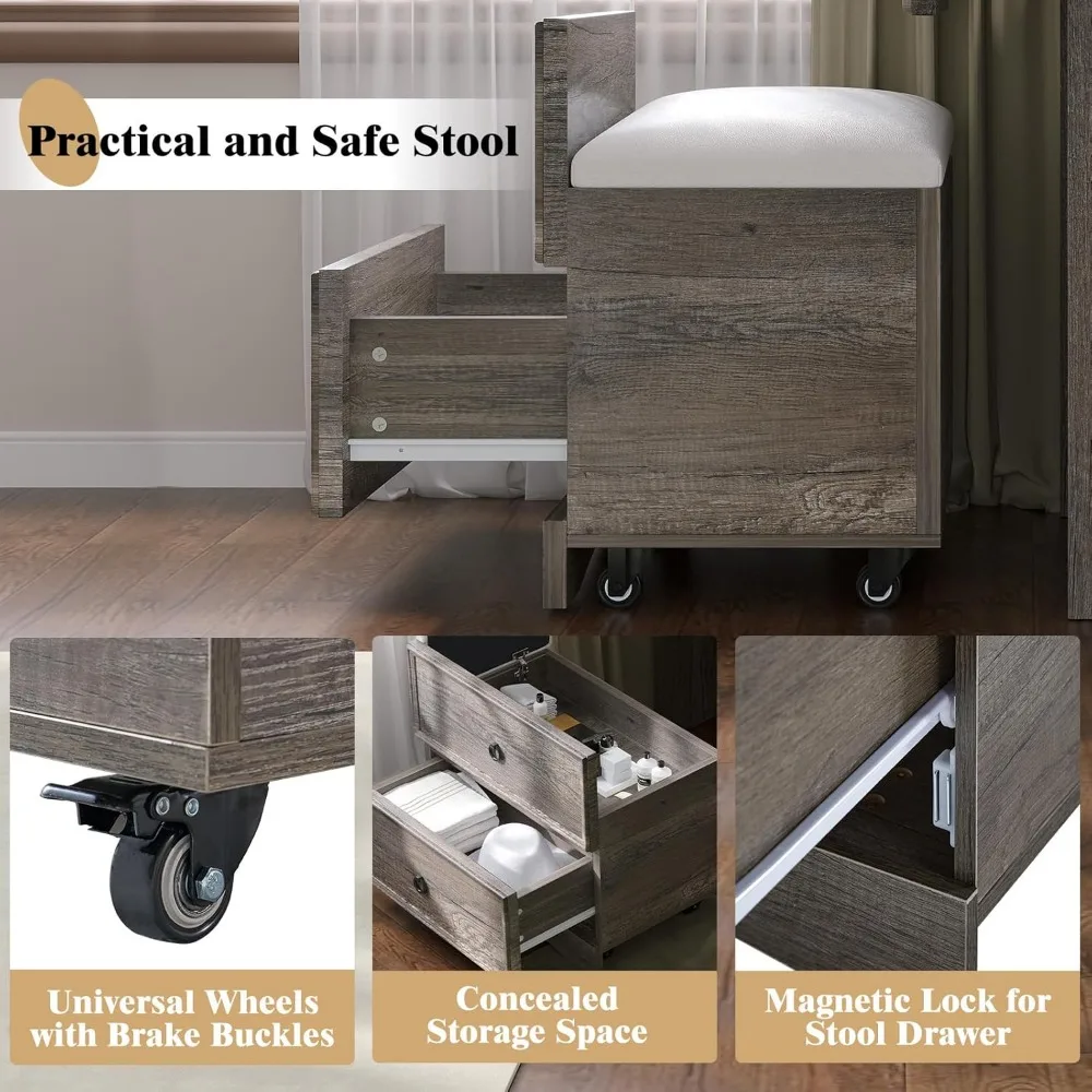 3-in-1 Vanity Set with LED Lighted Flip Top Mirror, Makeup Table with Fold-Up Panel, Hidden Stool, Charging Station, Small