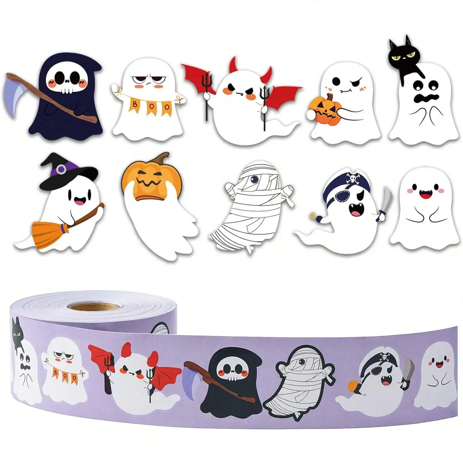 500 PCS Cute Halloween Ghost Stickers - 10 Designs Bulk Roun