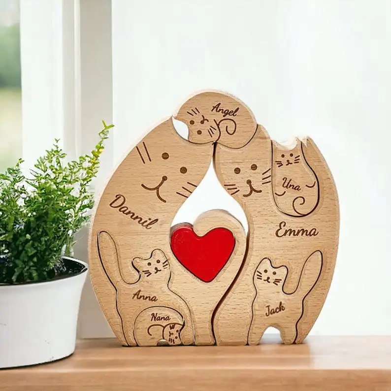 Personalized wooden cats, customized family members' names, jigsaw home decoration gifts, personalized wooden pet carvings