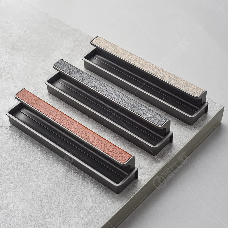 Embedded sliding door slotted leather hidden button cabinet drawer furniture handle