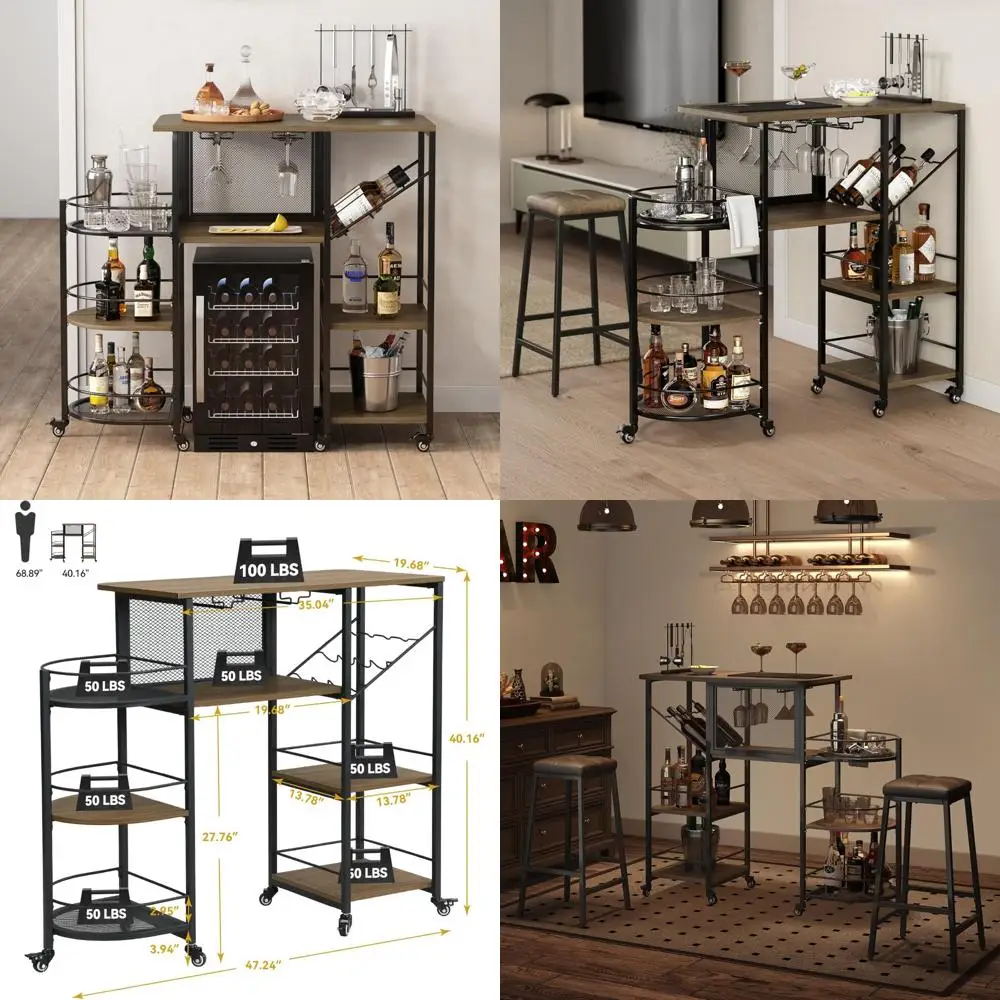 

"Tiered Metal Home Bar Cart with Wine Rack, Glass Holder, and Rolling Wheels"