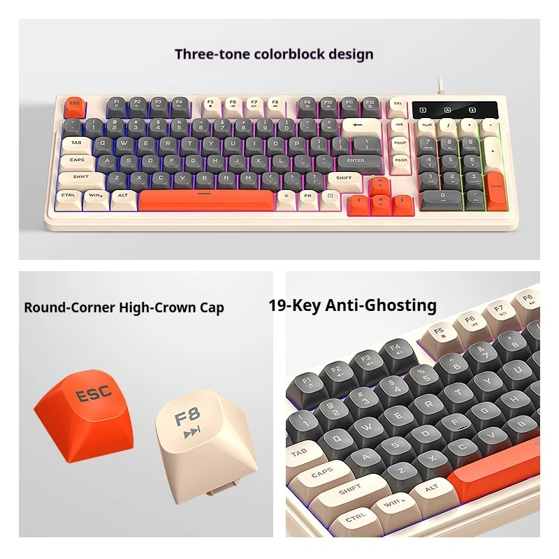 Quiet 98 Keys Gaming Keyboard Wired Rgb Backlit With Mixed Color Keycaps 19 Keys Anti-Ghosting Compact Ergonomic Mechanical Feel