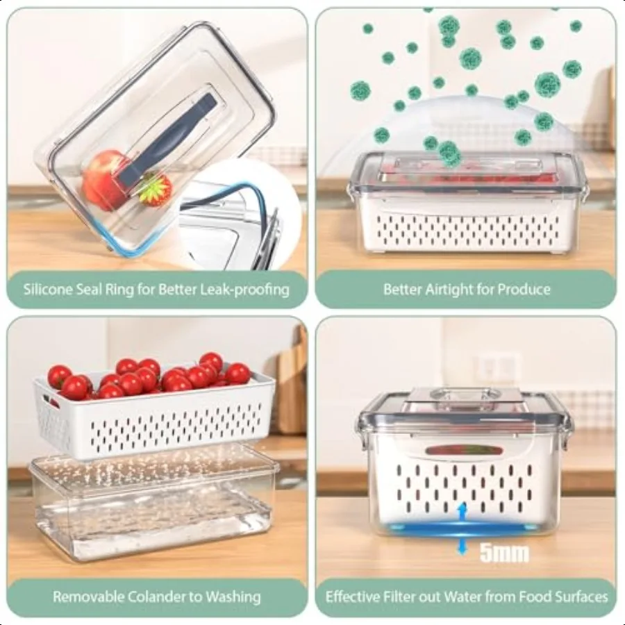 5 Pcs Fruit Storage Containers For Fridge with Removable Colander and Handle Lid Refrigerator Organizers and Storage Airtight C